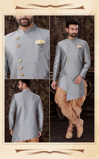 Attrective This Indo Westen Dress set is a must have in a men's ethnic wardrobe.This Top Are Semi Jacquard Silk Fabric And Bottom Is Art Silk Fabric With Self Embossed Work.