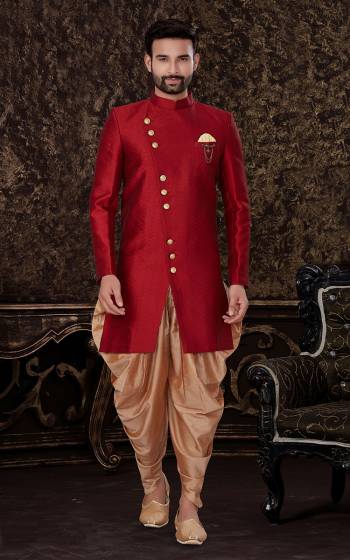 Attrective This Indo Westen Dress set is a must have in a men's ethnic wardrobe.This Top Are Semi Jacquard Silk Fabric And Bottom Is Art Silk Fabric With Self Embossed Work.