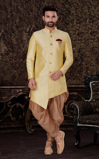 Attrective This Indo Westen Dress set is a must have in a men's ethnic wardrobe.This Top Are Semi Jacquard Silk Fabric And Bottom Is Art Silk Fabric With Self Embossed Work.