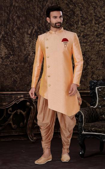 Attrective This Indo Westen Dress set is a must have in a men's ethnic wardrobe.This Top Are Semi Jacquard Silk Fabric And Bottom Is Art Silk Fabric With Self Embossed Work.