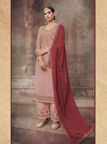 Attrective This Designer Long Length Suit In Lovely Color.?Its Pretty Designer Embroidery And Diamond Work Top Is Georgette Based Paired With Dull Santoon Bottom And Georgette Fabricated. Which Gives An Attractive To The Suit.