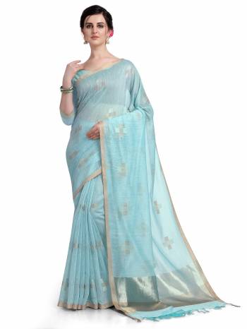 Garb This Partywear Saree Are Fine Saree Paired With Blouse.This Saree And Blouse Are Linen Fabric With Weaving Designer Work Based. Buy This Pretty Saree Now.