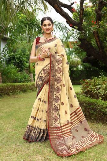 Garb This Partywear Saree Are Fine Saree Paired With Blouse.This Saree And Blouse Are Linen Fabric With Heavy Wevon Designer Embroidery Work. Buy This Pretty Saree Now.