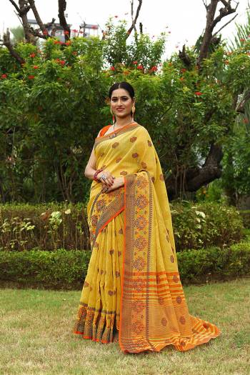 Garb This Partywear Saree Are Fine Saree Paired With Blouse.This Saree And Blouse Are Linen Fabric With Heavy Wevon Designer Embroidery Work. Buy This Pretty Saree Now.