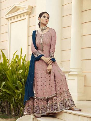 Attrective This Designer Long Length Sharara Suits In Lovely Color.?Its Pretty Designer Mirror Embroidery Work Top Is Faux Georgette Based Paired Bottom Santoon With Batterfly Faux Georgette Fabricated Dupatta Which Gives An Attractive To The Dress.