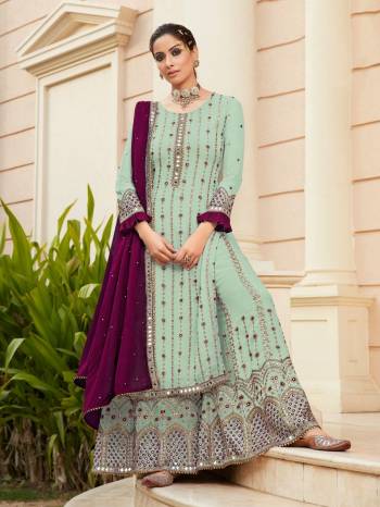 Attrective This Designer Long Length Sharara Suits In Lovely Color.?Its Pretty Designer Mirror Embroidery Work Top Is Faux Georgette Based Paired Bottom Santoon With Batterfly Faux Georgette Fabricated Dupatta Which Gives An Attractive To The Dress.