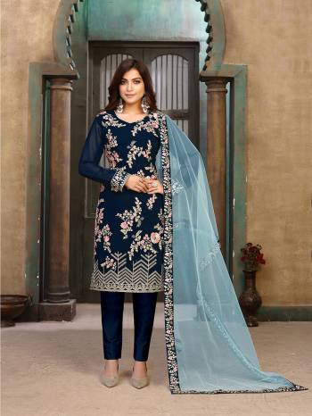 Looking This Designer Long Length Suit In Lovely Color.Its Pretty Heavy Designer Embroidery Work Top Is Faux Georgette Based Paired With Santoon Bottom And Net Fabricated Dupatta Which Gives An Attractive To The Suit.