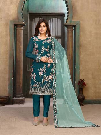 Looking This Designer Long Length Suit In Lovely Color.Its Pretty Heavy Designer Embroidery Work Top Is Faux Georgette Based Paired With Santoon Bottom And Net Fabricated Dupatta Which Gives An Attractive To The Suit.