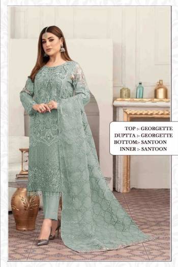 Attrective This Designer Pakistani Suits In Lovely Color.?Its Pretty Designer Multy Embroidery Work Top Is Faux Georgette Based Paired Bottom Santoon With Batterfly Faux Georgette Fabricated Dupatta Which Gives An Attractive To The Dress.