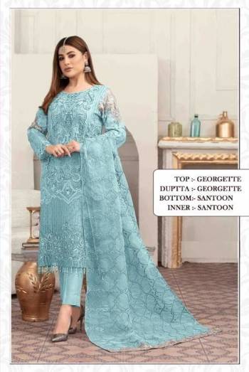 Attrective This Designer Pakistani Suits In Lovely Color.?Its Pretty Designer Multy Embroidery Work Top Is Faux Georgette Based Paired Bottom Santoon With Batterfly Faux Georgette Fabricated Dupatta Which Gives An Attractive To The Dress.