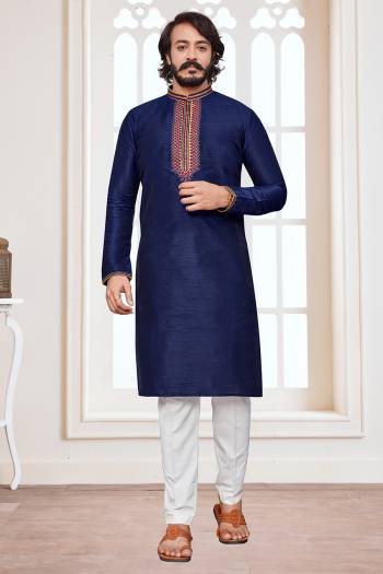 Attrective This Traditional Long Kurta Pant set is a must have in a men's ethnic wardrobe.This Kurta Are Art Silk Fabric And Pajama Is Cotton Fabric With Embroidery Work.