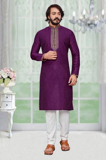 Attrective This Traditional Long Kurta Pant set is a must have in a men's ethnic wardrobe.This Kurta Are Art Silk Fabric And Pajama Is Cotton Fabric With Embroidery Work.