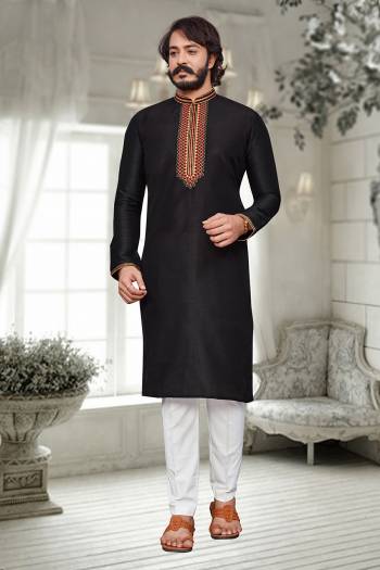 Attrective This Traditional Long Kurta Pant set is a must have in a men's ethnic wardrobe.This Kurta Are Art Silk Fabric And Pajama Is Cotton Fabric With Embroidery Work.