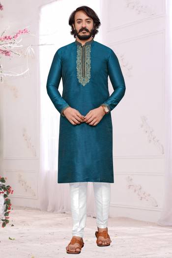 Attrective This Traditional Long Kurta Pant set is a must have in a men's ethnic wardrobe.This Kurta Are Art Silk Fabric And Pajama Is Cotton Fabric With Embroidery Work.