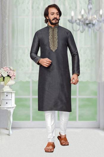 Attrective This Traditional Long Kurta Pant set is a must have in a men's ethnic wardrobe.This Kurta Are Art Silk Fabric And Pajama Is Cotton Fabric With Embroidery Work.