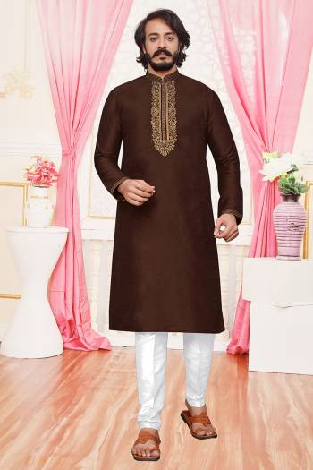 Attrective This Traditional Long Kurta Pant set is a must have in a men's ethnic wardrobe.This Kurta Are Art Silk Fabric And Pajama Is Cotton Fabric With Embroidery Work.