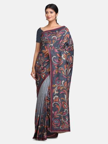 Looking This Traditional Saree Are Fine Saree Paired With Contrasted Blouse.This Saree And Blouse Are Tussar Silk Fabric With Heavy Designer Digital Printed With Diamond Work. Buy This Pretty Saree Now.