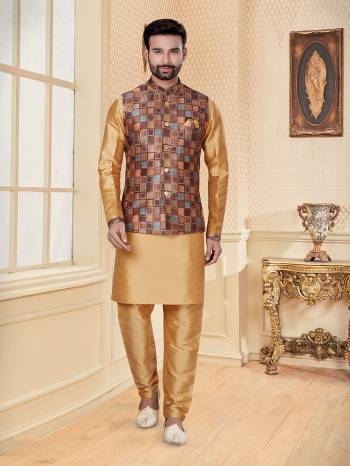 Take your ethnic style quotient to the next level by wearing this fashionable Jacket With Kurta Payajama. Tailored from finest Art Silk fabric With Designer Work and fashioned with a banded collar for a dash of style.