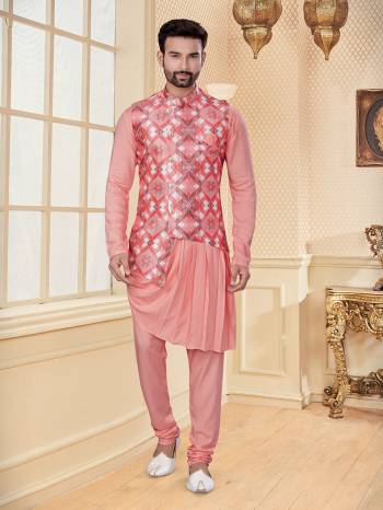 Take your ethnic style quotient to the next level by wearing this fashionable Jacket With Kurta Payajama. Tailored from finest Art Silk fabric With Designer Work and fashioned with a banded collar for a dash of style.