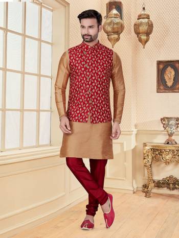 Take your ethnic style quotient to the next level by wearing this fashionable Jacket With Kurta Payajama. Tailored from finest Art Silk fabric With Designer Work and fashioned with a banded collar for a dash of style.