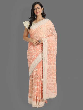 Garb This Reception Partywear Saree Are Fine Saree Paired With Blouse.This Saree Are Faux Georgette And Blouse Are Silk Based Fabric With Heavy Designer Lukhnavi Cotton And Badli Jari Embroidery Work. Buy This Pretty Saree Now.