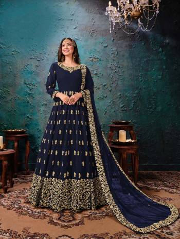 Looking This Designer Long Length Suit In Lovely Color.Its Pretty Heavy Designer Embroidery Work Top Is Faux Georgette Based Paired With Santoon Bottom And Net Fabricated Dupatta Which Gives An Attractive To The Suit.