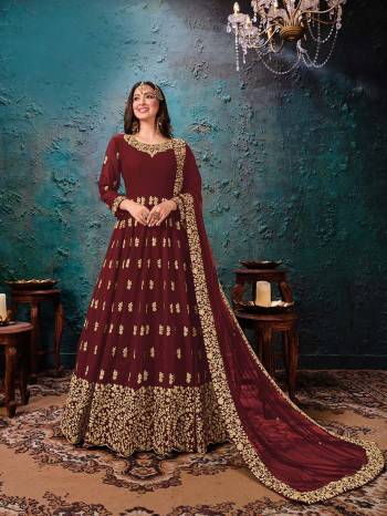 Looking This Designer Long Length Suit In Lovely Color.Its Pretty Heavy Designer Embroidery Work Top Is Faux Georgette Based Paired With Santoon Bottom And Net Fabricated Dupatta Which Gives An Attractive To The Suit.