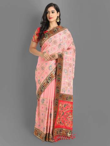 Garb This Traditionl Partywear Saree Are Fine Saree Paired With Contrased Blouse.This Saree Are Chinon Silk And Blouse Are Fentam Silk Based Fabric With Heavy Designer Thread Embroidery,Diamond Work. Buy This Pretty Saree Now.