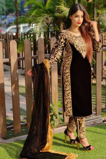 Attrective Look This Designer Long Length Suit In Lovely Color.Its Pretty Heavy Designer Embroidery With Stone Work Top Is Velvet Based Paired With Jacquard Bottom And Butterfly Net Fabricated Dupatta Which Gives An Attractive To The Suit.