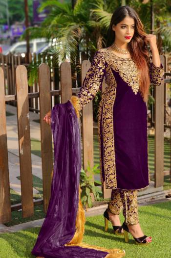 Attrective Look This Designer Long Length Suit In Lovely Color.Its Pretty Heavy Designer Embroidery With Stone Work Top Is Velvet Based Paired With Jacquard Bottom And Butterfly Net Fabricated Dupatta Which Gives An Attractive To The Suit.