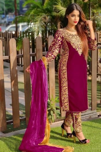 Attrective Look This Designer Long Length Suit In Lovely Color.Its Pretty Heavy Designer Embroidery With Stone Work Top Is Velvet Based Paired With Jacquard Bottom And Butterfly Net Fabricated Dupatta Which Gives An Attractive To The Suit.