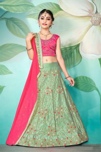 Very Looking Kidswear Readymade Heavy Designer Lehenga Choli In Fine Color Fabricated On Japan Silk And Dupatta Are Georgette Beautified With Heavy Attractive Embroidery With Stone Work. 