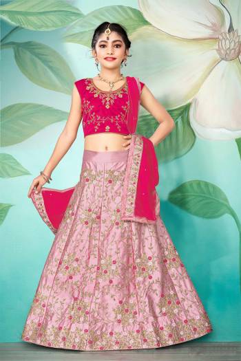 Very Looking Kidswear Readymade Heavy Designer Lehenga Choli In Fine Color Fabricated On Japan Silk And Dupatta Are Georgette Beautified With Heavy Attractive Embroidery With Stone Work. 