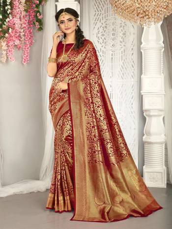 Garb This Stylist Partywear Saree Are Fine Saree Paired With Blouse.This Saree And Blouse Are Fancy Silk Fabric With Heavy Designer Wevon Work. Buy This Pretty Saree Now.