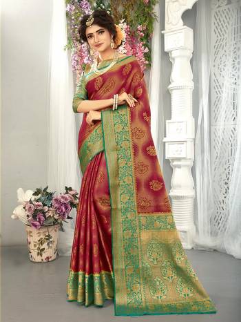 Garb This Stylist Partywear Saree Are Fine Saree Paired With Blouse.This Saree And Blouse Are Fancy Silk Fabric With Heavy Designer Wevon Work. Buy This Pretty Saree Now.