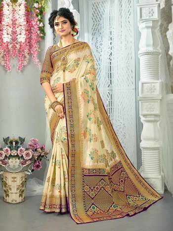 Garb This Stylist Partywear Saree Are Fine Saree Paired With Blouse.This Saree And Blouse Are Fancy Silk Fabric With Heavy Designer Wevon Work. Buy This Pretty Saree Now.