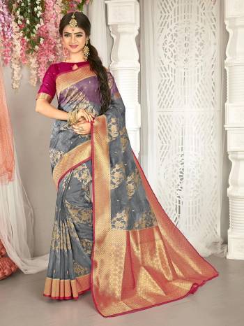 Garb This Stylist Partywear Saree Are Fine Saree Paired With Blouse.This Saree And Blouse Are Fancy Silk Fabric With Heavy Designer Wevon Work. Buy This Pretty Saree Now.