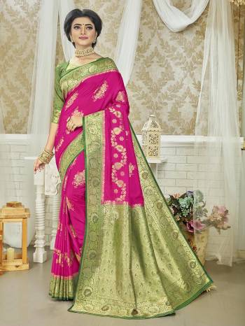 Garb This Stylist Partywear Saree Are Fine Saree Paired With Blouse.This Saree And Blouse Are Fancy Silk Fabric With Heavy Designer Wevon Work. Buy This Pretty Saree Now.