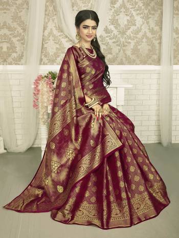 Attrective Look This Stylist Partywear Saree Are Fine Saree Paired With Blouse.This Saree And Blouse Are Fancy Silk Fabric With Heavy Designer Wevon Work. Buy This Pretty Saree Now.