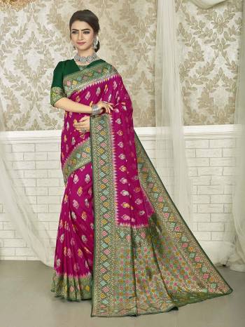 Attrective Look This Stylist Partywear Saree Are Fine Saree Paired With Blouse.This Saree And Blouse Are Fancy Silk Fabric With Heavy Designer Wevon Work. Buy This Pretty Saree Now.