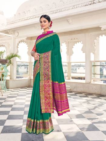 Looking This Traditional Saree Are Fine Saree Paired With Contrasted Blouse.This Saree And Blouse Are Khadi Silk Based Fabric With Heavy Wevon Designer Work. Buy This Pretty Saree Now.