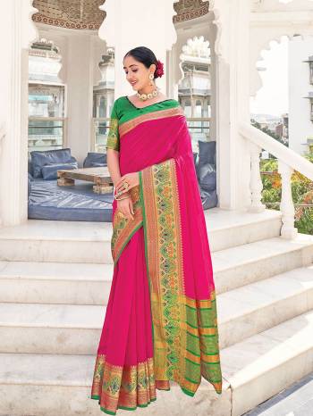 Looking This Traditional Saree Are Fine Saree Paired With Contrasted Blouse.This Saree And Blouse Are Khadi Silk Based Fabric With Heavy Wevon Designer Work. Buy This Pretty Saree Now.