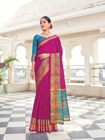 Looking This Traditional Saree Are Fine Saree Paired With Contrasted Blouse.This Saree And Blouse Are Khadi Silk Based Fabric With Heavy Wevon Designer Work. Buy This Pretty Saree Now.