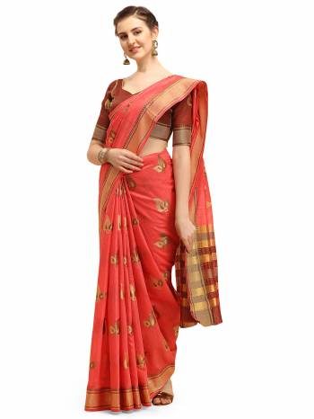 Looking This Partywear Saree Are Fine Saree Paired With Contrasted Blouse.This Saree And Blouse Are Linen Cotton Silk Based Fabric With Designer Weaving Work. Buy This Pretty Saree Now.