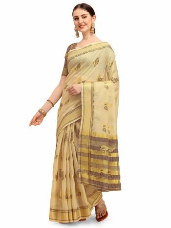 Looking This Partywear Saree Are Fine Saree Paired With Contrasted Blouse.This Saree And Blouse Are Linen Cotton Silk Based Fabric With Designer Weaving Work. Buy This Pretty Saree Now.