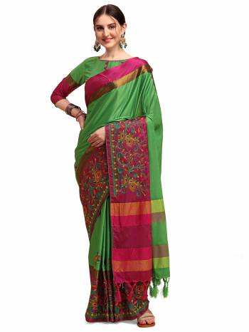 Garb This Partywear Saree Are Fine Saree Paired With Blouse.This Saree And Blouse Are Cotton Silk Based Fabric With Designer Weaving With Thread Embroidery Work. Buy This Pretty Saree Now.