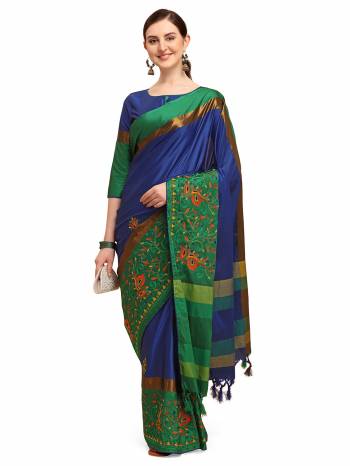 Garb This Partywear Saree Are Fine Saree Paired With Blouse.This Saree And Blouse Are Cotton Silk Based Fabric With Designer Weaving With Thread Embroidery Work. Buy This Pretty Saree Now.