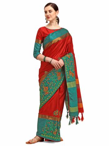 Garb This Partywear Saree Are Fine Saree Paired With Blouse.This Saree And Blouse Are Cotton Silk Based Fabric With Designer Weaving With Thread Embroidery Work. Buy This Pretty Saree Now.