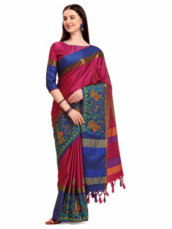 Garb This Partywear Saree Are Fine Saree Paired With Blouse.This Saree And Blouse Are Cotton Silk Based Fabric With Designer Weaving With Thread Embroidery Work. Buy This Pretty Saree Now.