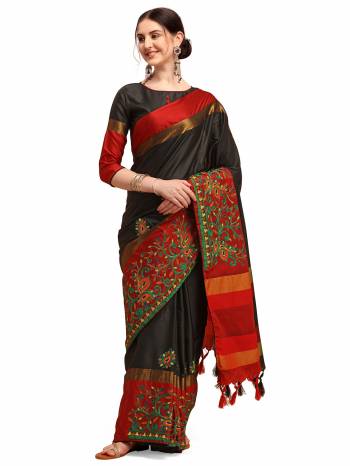 Garb This Partywear Saree Are Fine Saree Paired With Blouse.This Saree And Blouse Are Cotton Silk Based Fabric With Designer Weaving With Thread Embroidery Work. Buy This Pretty Saree Now.